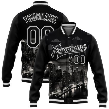 Custom Chicago Illinois Varsity Letterman Jacket - Personalized 3D Bomber in Black and White with Team Name and Number Personalized