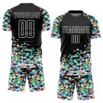 Custom Colorful Geometric Triangle Soccer Jersey - Black and White Sublimation Uniform Personalized Black White Colorful
