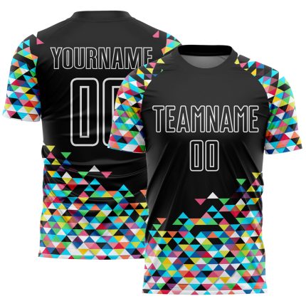 Custom Colorful Geometric Triangle Soccer Jersey - Black and White Sublimation Uniform Personalized Black White Colorful