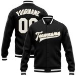 Personalized Varsity Letterman Jacket Black White-Cream Full-Snap Bomber Personalized Black White-Cream Bomber Full-Snap