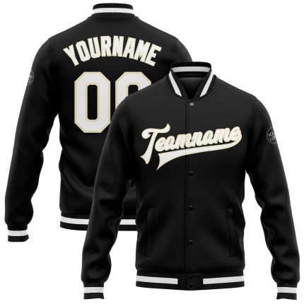 Personalized Varsity Letterman Jacket Black White-Cream Full-Snap Bomber Personalized Black White-Cream Bomber Full-Snap