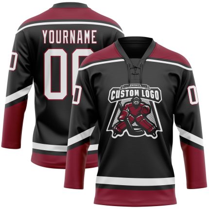 Custom Hockey Lace Neck Jersey with Personalized Name and Number in Black, White, Crimson - Team Apparel Personalized Black