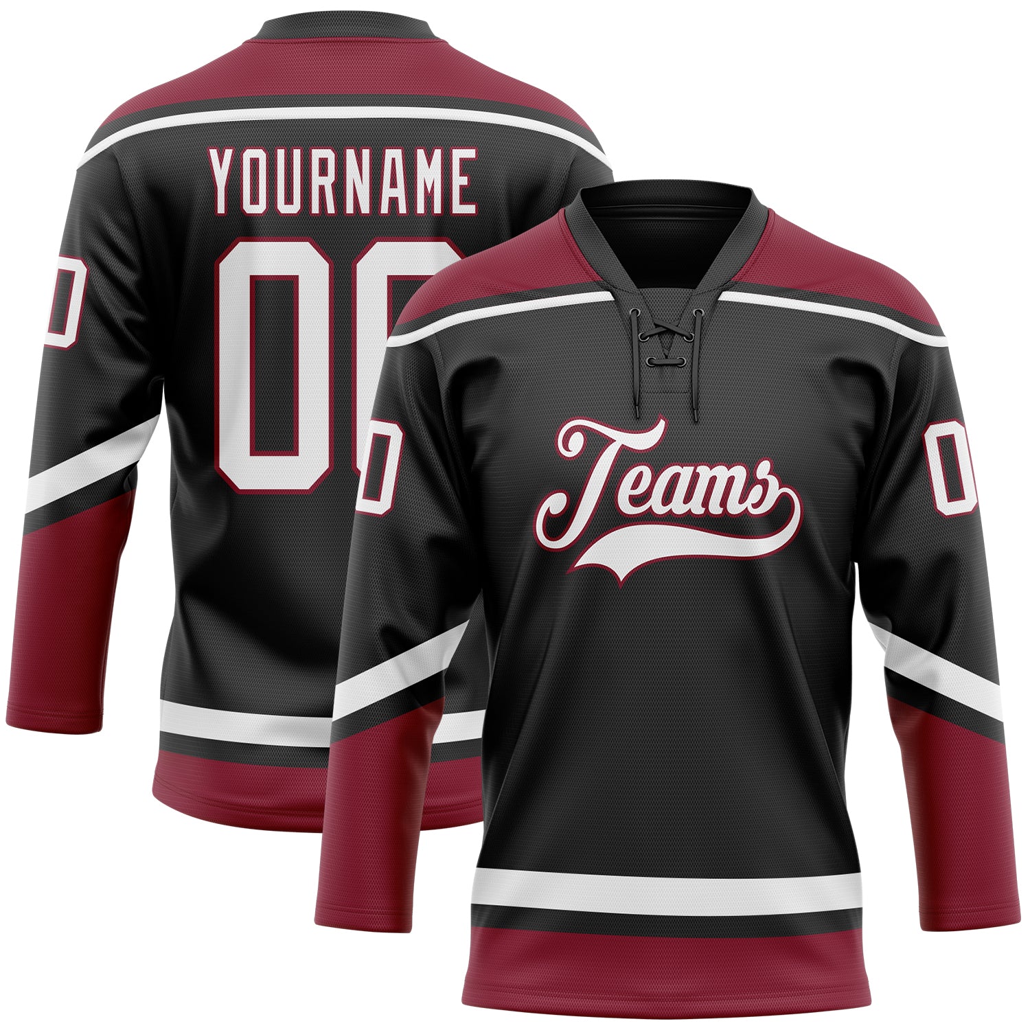 Custom Hockey Lace Neck Jersey with Personalized Name and Number in Black, White, Crimson - Team Apparel Personalized Black