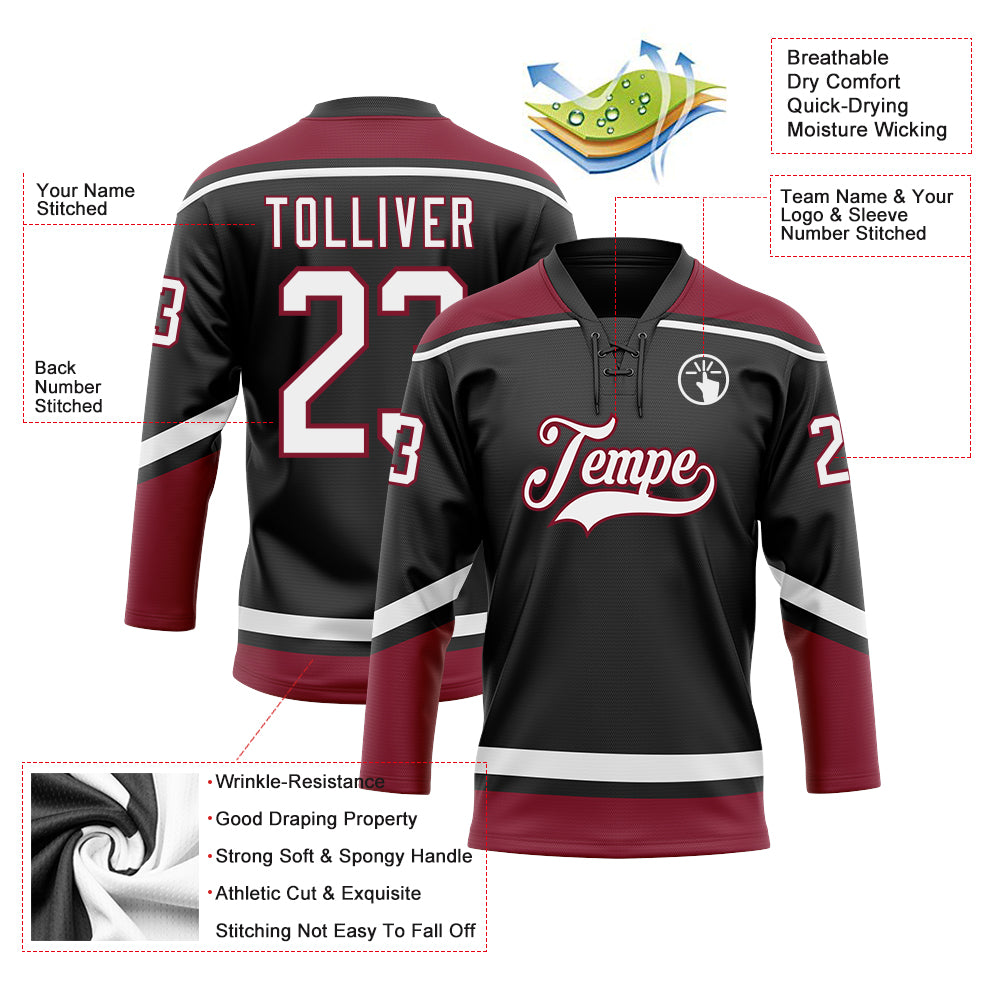 Personalized Black White Crimson Hockey Jersey with Lace Neck - Customized Sports Apparel Personalized Black White-Crimson - Image 3