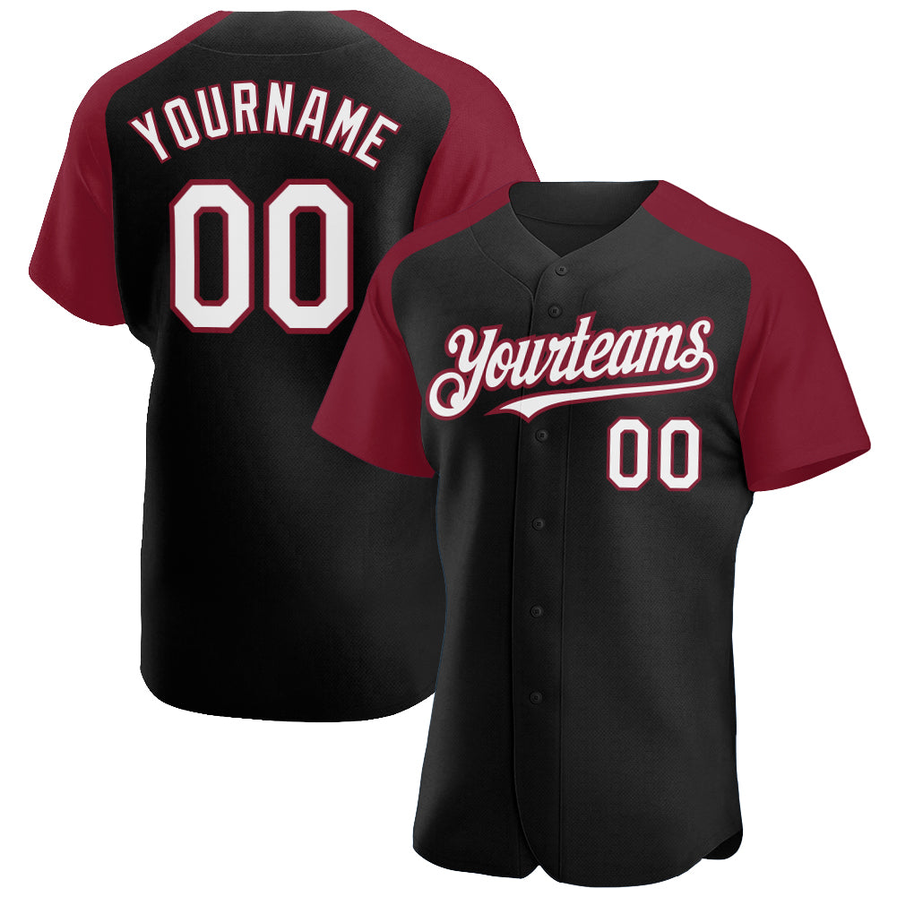 Personalized Black White Crimson Baseball Jersey with Raglan Sleeves Personalized Black White-Crimson Raglan Sleeves Baseball