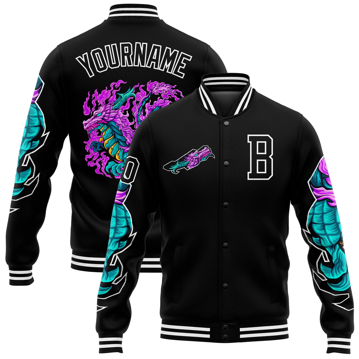 Personalized 3D Black White Dragon Varsity Letterman Bomber Jacket Full-Snap Personalized Black White Dragon 3D Bomber Full-Snap
