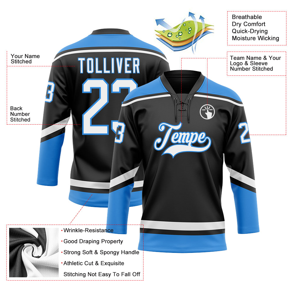 Personalized Black and Electric Blue Hockey Jersey with Lace Neck Personalized Black White-Electric Blue Hockey Lace Neck - Image 3