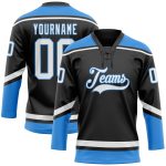 Personalized Black and Electric Blue Hockey Jersey with Lace Neck Personalized Black White-Electric Blue Hockey Lace Neck