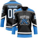 Personalized Black and Electric Blue Hockey Jersey with Lace Neck Personalized Black White-Electric Blue Hockey Lace Neck