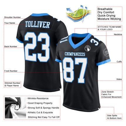 Custom Name and Number Authentic Football Jersey - Personalized Black and Electric Blue Mesh Team Apparel Personalized Black