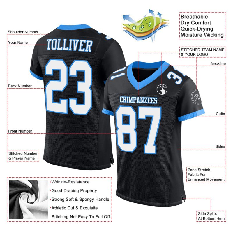 Custom Name and Number Authentic Football Jersey - Personalized Black and Electric Blue Mesh Team Apparel Personalized Black