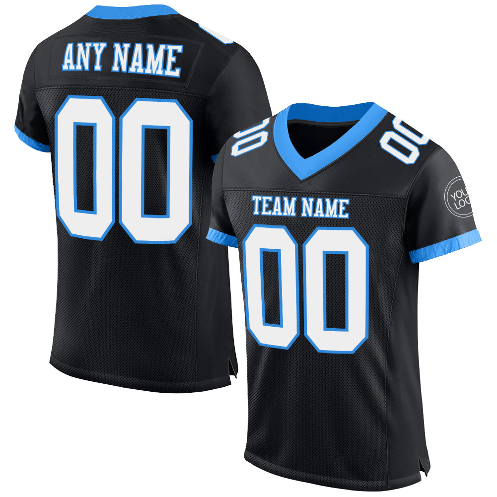 Personalized Black White Electric Blue Mesh Football Jersey for Men and Women Personalized Black White-Electric Blue Mesh