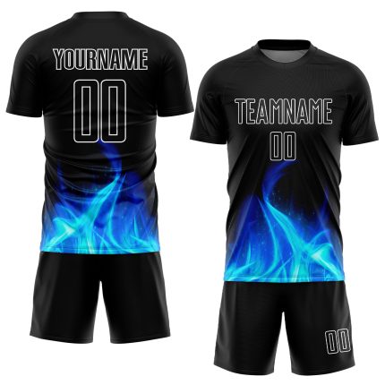 Custom Black White Flame Soccer Jersey Uniform Sublimation 3 Personalized Black White Flame Sublimation Soccer Uniform Jersey