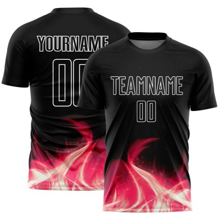 Personalized Black and White Soccer Jersey with Flame Sublimation Design - Custom Uniform Personalized Black White Flame