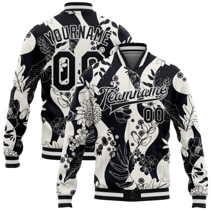 Personalized Floral Wave Black White 3D Varsity Bomber Full-Snap Jacket Personalized Black White Floral Wave 3D Bomber Full-Snap