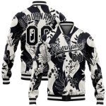 Custom Name Number 3D Floral Wave Bomber Varsity Jacket - Personalized Black White Full-Snap Letterman Design Personalized