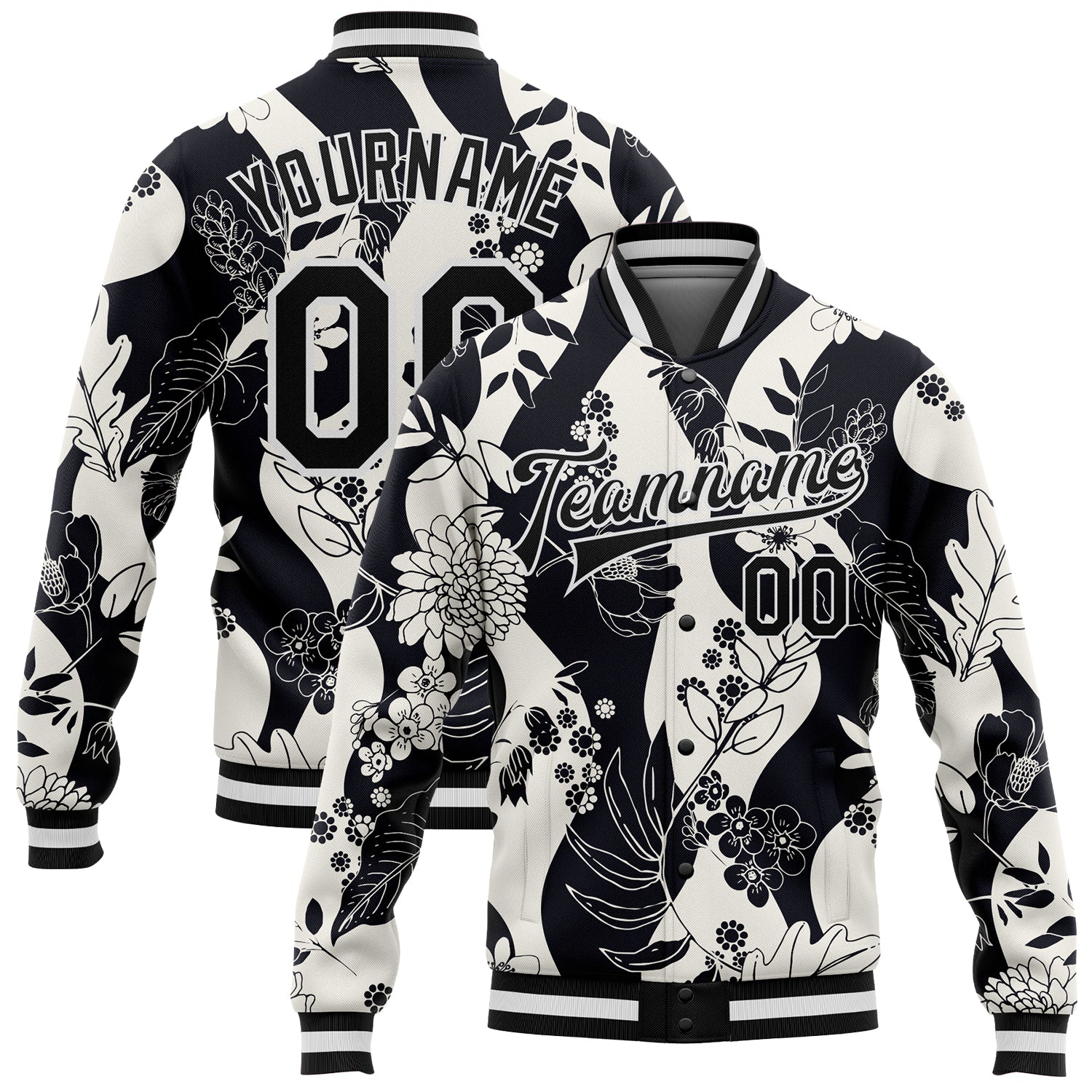 Custom Name Number 3D Floral Wave Bomber Varsity Jacket - Personalized Black White Full-Snap Letterman Design Personalized