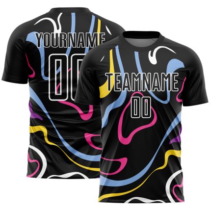 Personalized Black and White Soccer Jersey with Fluid Shapes Sublimation Design Personalized Black White Fluid Shapes Sublimation