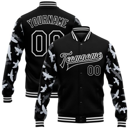 Custom Name and Number Bomber Jacket - Personalized Black and White 3D Pattern Flying Bird Varsity Full-Snap Sleeves Personalized