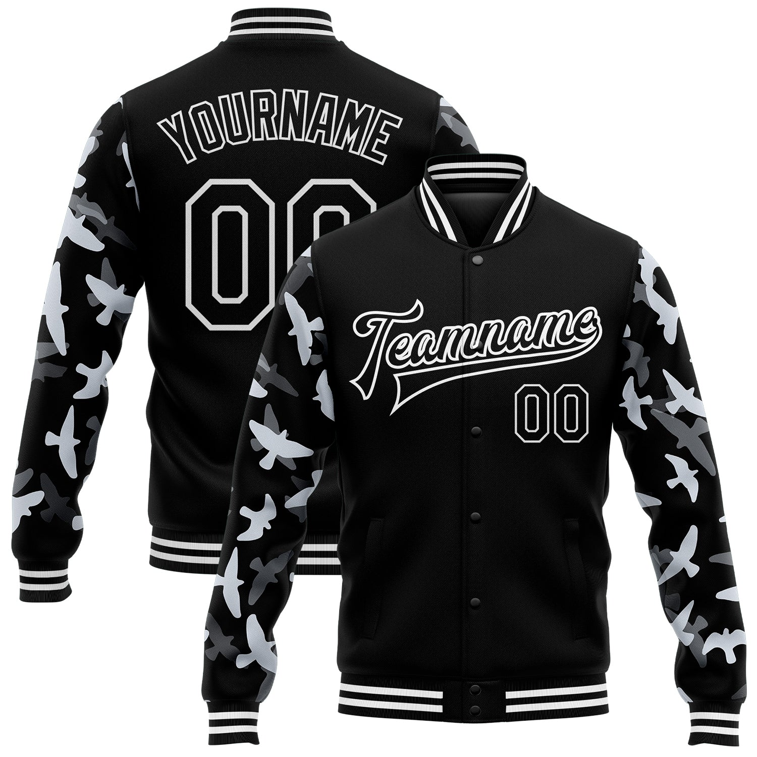 Custom Name and Number Bomber Jacket - Personalized Black and White 3D Pattern Flying Bird Varsity Full-Snap Sleeves Personalized
