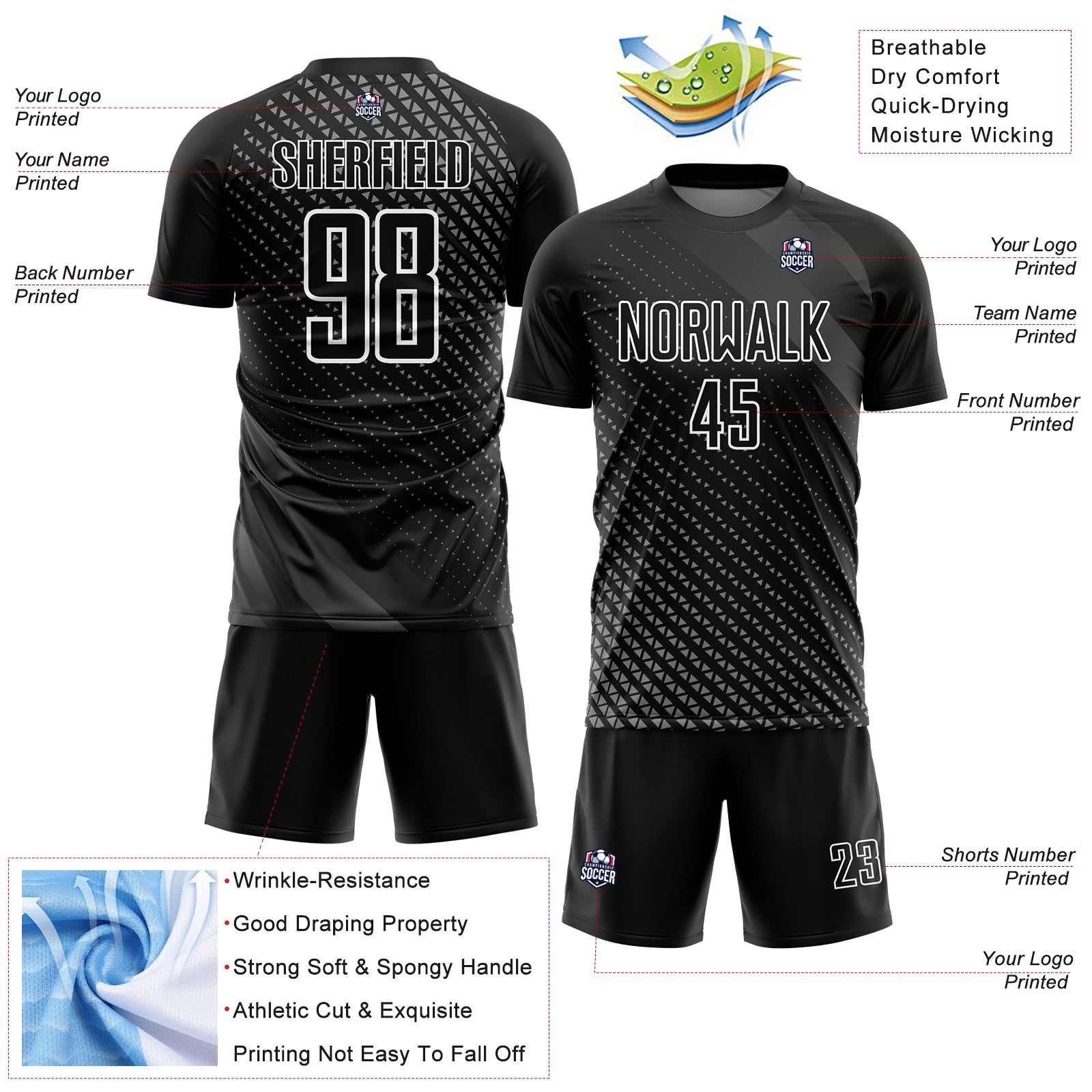 Custom Black and White Geometric Soccer Jersey Uniform - Personalized Sublimation Design 3 Personalized Black White Geometric - Image 4