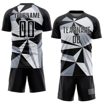 Custom Black White Geometric Soccer Jersey - Personalized Sublimation Uniform Personalized Black White Geometric Sublimation