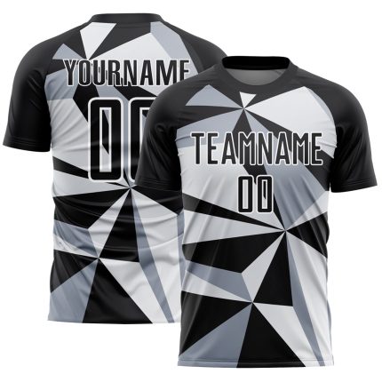 Custom Black White Geometric Soccer Jersey - Personalized Sublimation Uniform Personalized Black White Geometric Sublimation