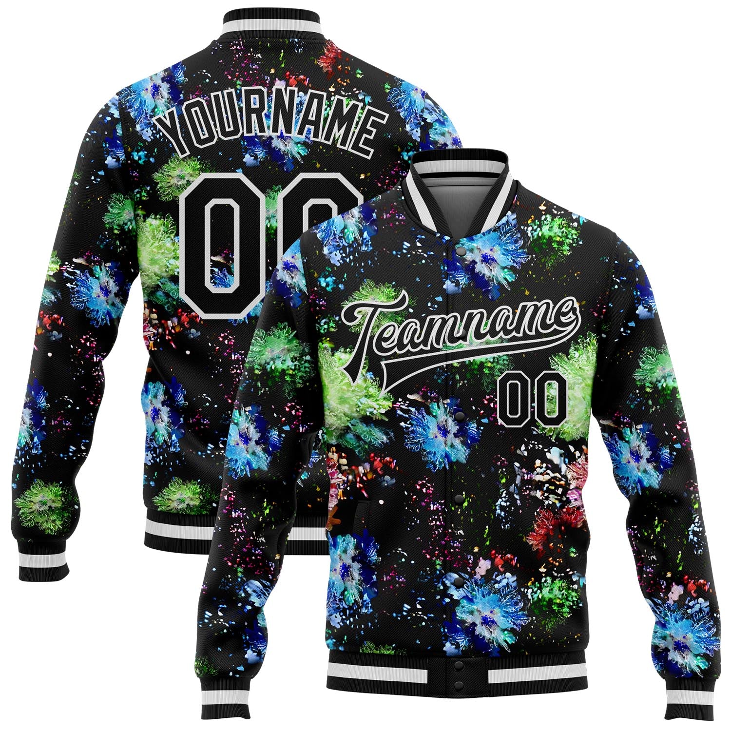 Personalized 3D Glitter Black White Bloom Varsity Letterman Bomber Jacket Full-Snap Personalized Black White Glitter Bloom