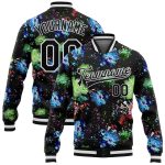Custom Name Number 3D Pattern Black White Glitter Bloom Varsity Bomber Full-Snap Letterman Jacket Personalized Black White