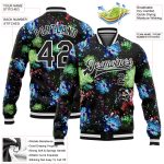 Custom Name Number 3D Pattern Black White Glitter Bloom Varsity Bomber Full-Snap Letterman Jacket Personalized Black White