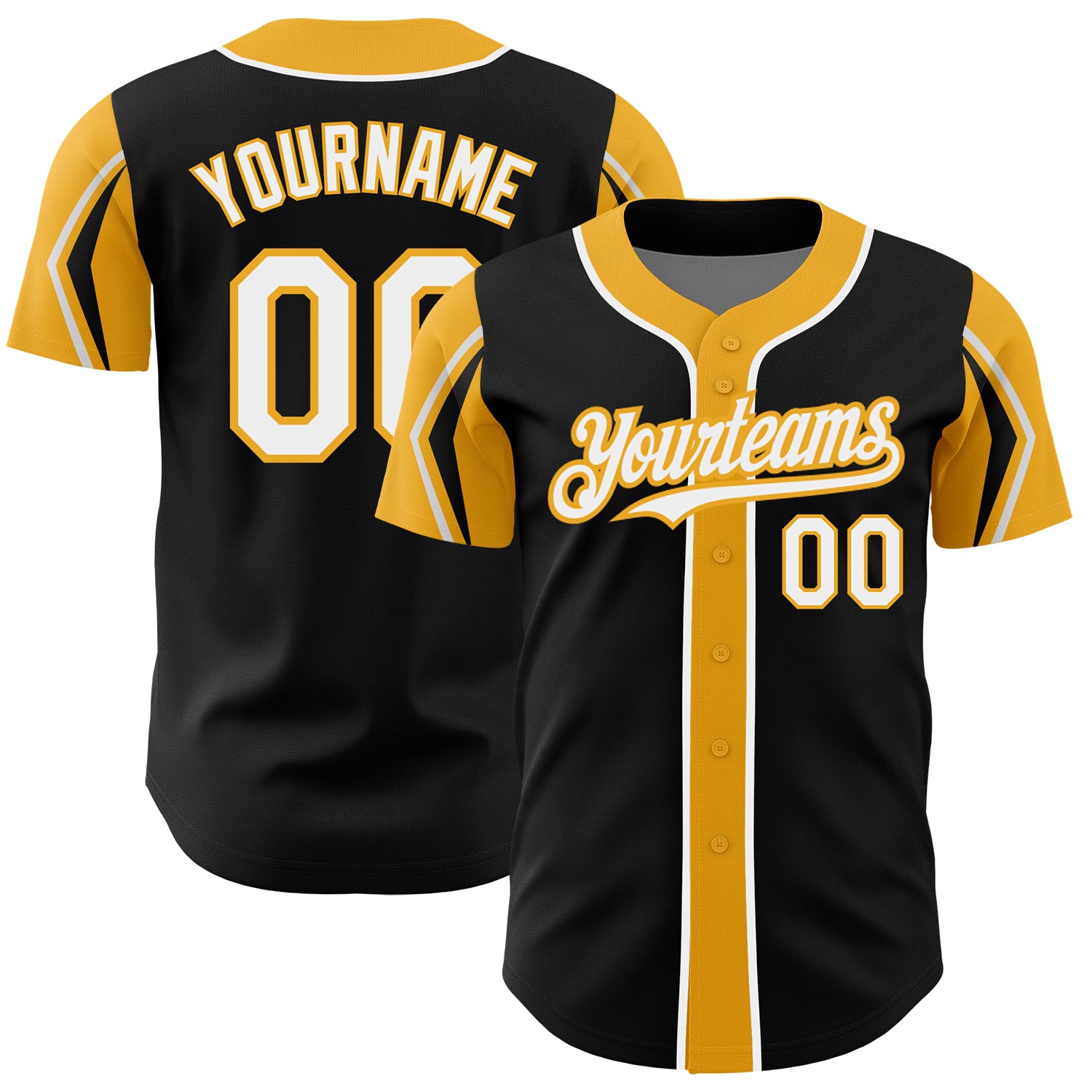 Personalized Black White Gold Baseball Jersey in 3 Colors, Arm Shapes Personalized Black White-Gold 3 Colors Arm Shapes Baseball