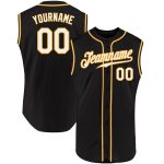 Custom Team Name and Number Baseball Jersey - Personalized Black White Gold Sleeveless Authentic Design Personalized Black