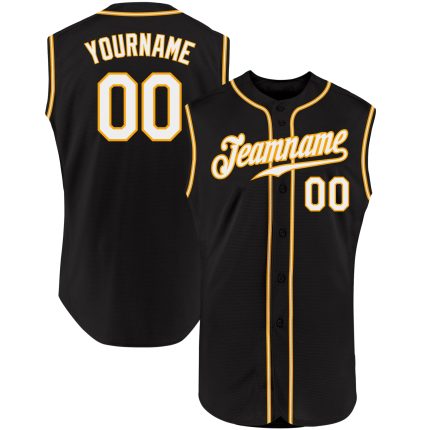 Custom Team Name and Number Baseball Jersey - Personalized Black White Gold Sleeveless Authentic Design Personalized Black