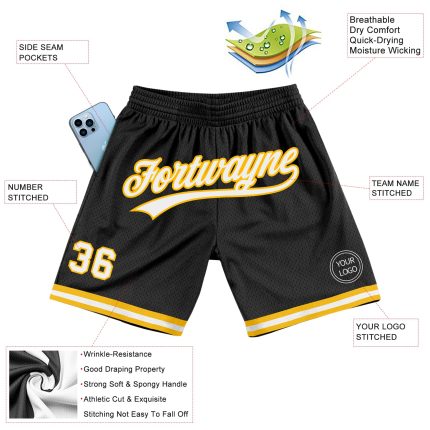 Personalized Black White Gold Basketball Shorts - Authentic Throwback Style Personalized Black White-Gold Authentic Throwback