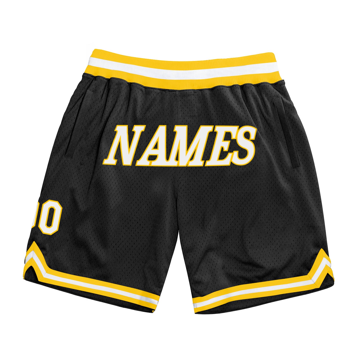 Custom Personalized Basketball Shorts with Team Name and Number, Black White-Gold Authentic Throwback Style Personalized