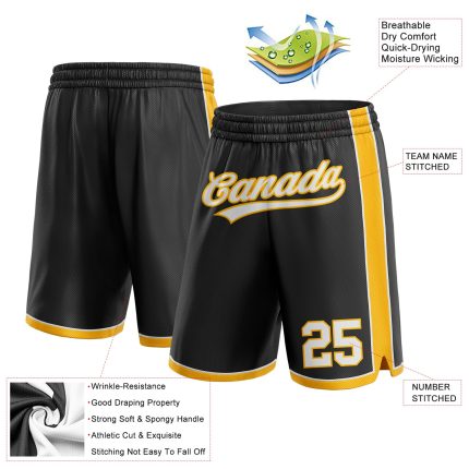 Personalized Basketball Shorts in Black and White-Gold Color Scheme Personalized Black White-Gold Basketball Shorts