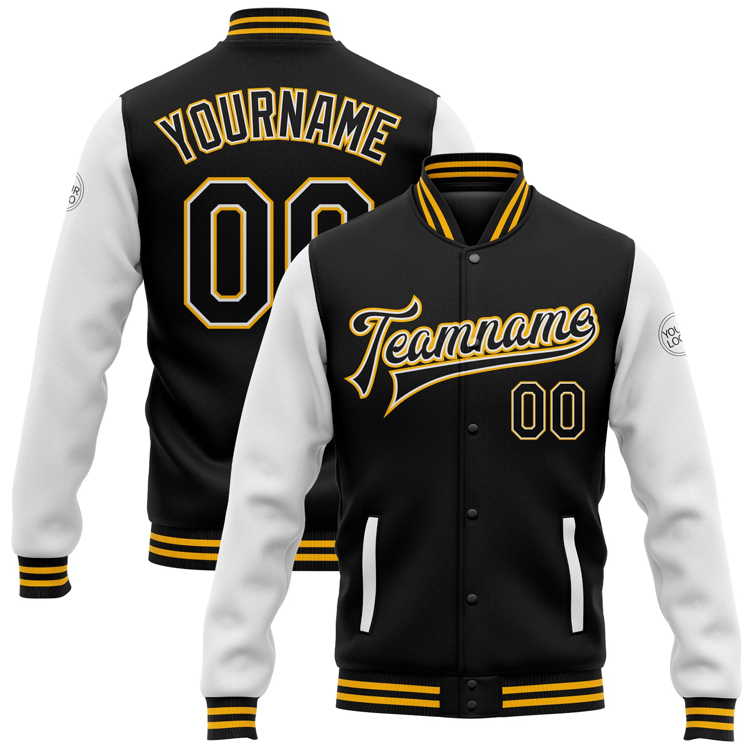 Personalized Black Gold Two Tone Varsity Jacket Full-Snap Bomber Letterman Personalized Black White-Gold Bomber Full-Snap