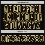 Custom Name and Number Varsity Letterman Two Tone Bomber Jacket Black White Gold Full-Snap Design for Team Apparel Personalized