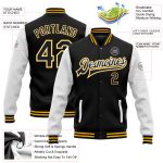 Custom Name and Number Varsity Letterman Two Tone Bomber Jacket Black White Gold Full-Snap Design for Team Apparel Personalized