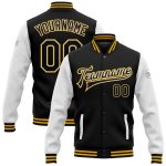 Custom Name and Number Varsity Letterman Two Tone Bomber Jacket Black White Gold Full-Snap Design for Team Apparel Personalized
