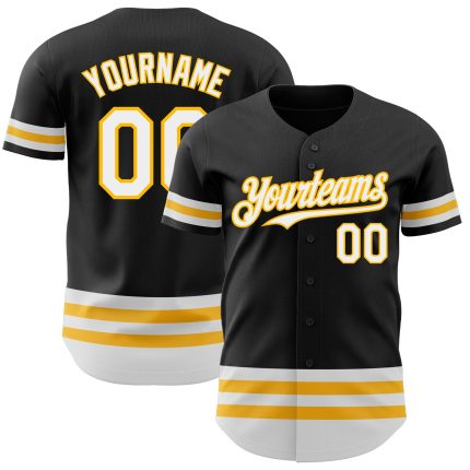 Personalized Black and Gold Baseball Jersey with White Lines, Custom Sports Wear Personalized Black White-Gold Line Baseball