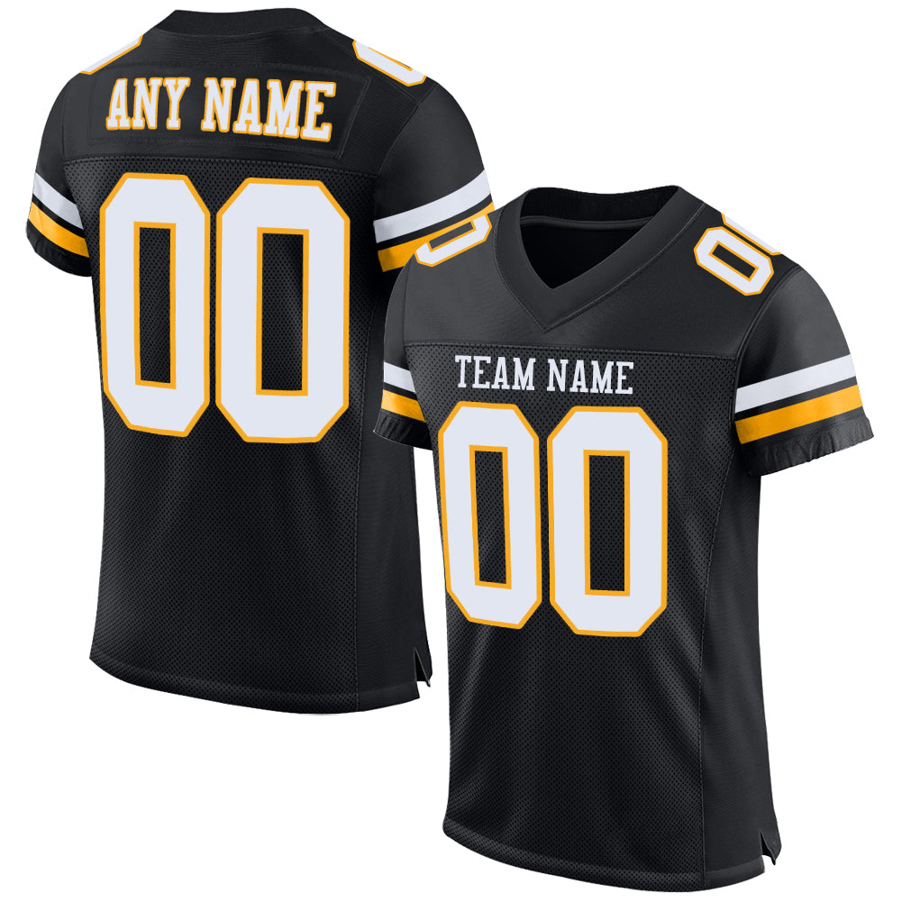 Personalized Authentic Football Jersey in Black White and Gold Mesh Personalized Black White-Gold Mesh Authentic Football