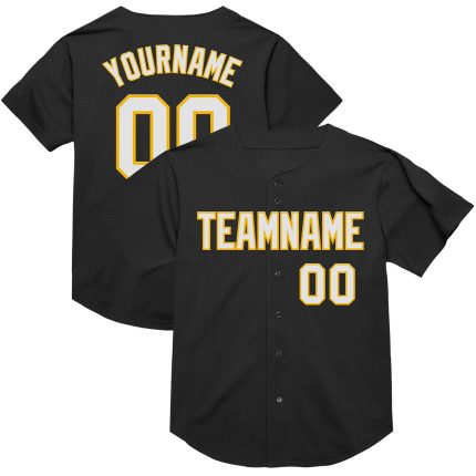 Personalized Authentic Throwback Baseball Jersey - Black White Gold Mesh Design Personalized Black White-Gold Mesh Authentic