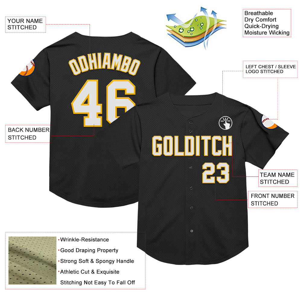 Personalized Black White-Gold Mesh Authentic Throwback Baseball Jersey Personalized Authentic Throwback Baseball Jersey - Black White Gold Mesh Design Personalized Black White-Gold Mesh Authentic - Image 3
