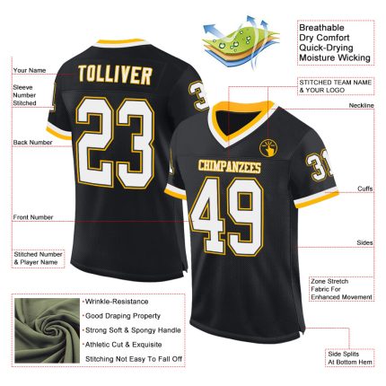 Personalized Black Gold Mesh Throwback Football Jersey - Authentic Design Personalized Black White-Gold Mesh Authentic Throwback