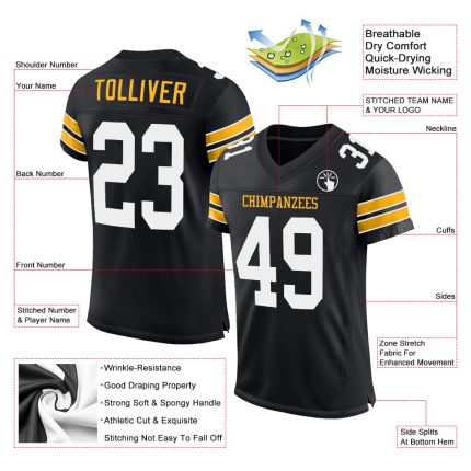 Personalized Black Gold Mesh Football Jersey for Men - Custom Team Apparel 3 Personalized Black White-Gold Mesh Football