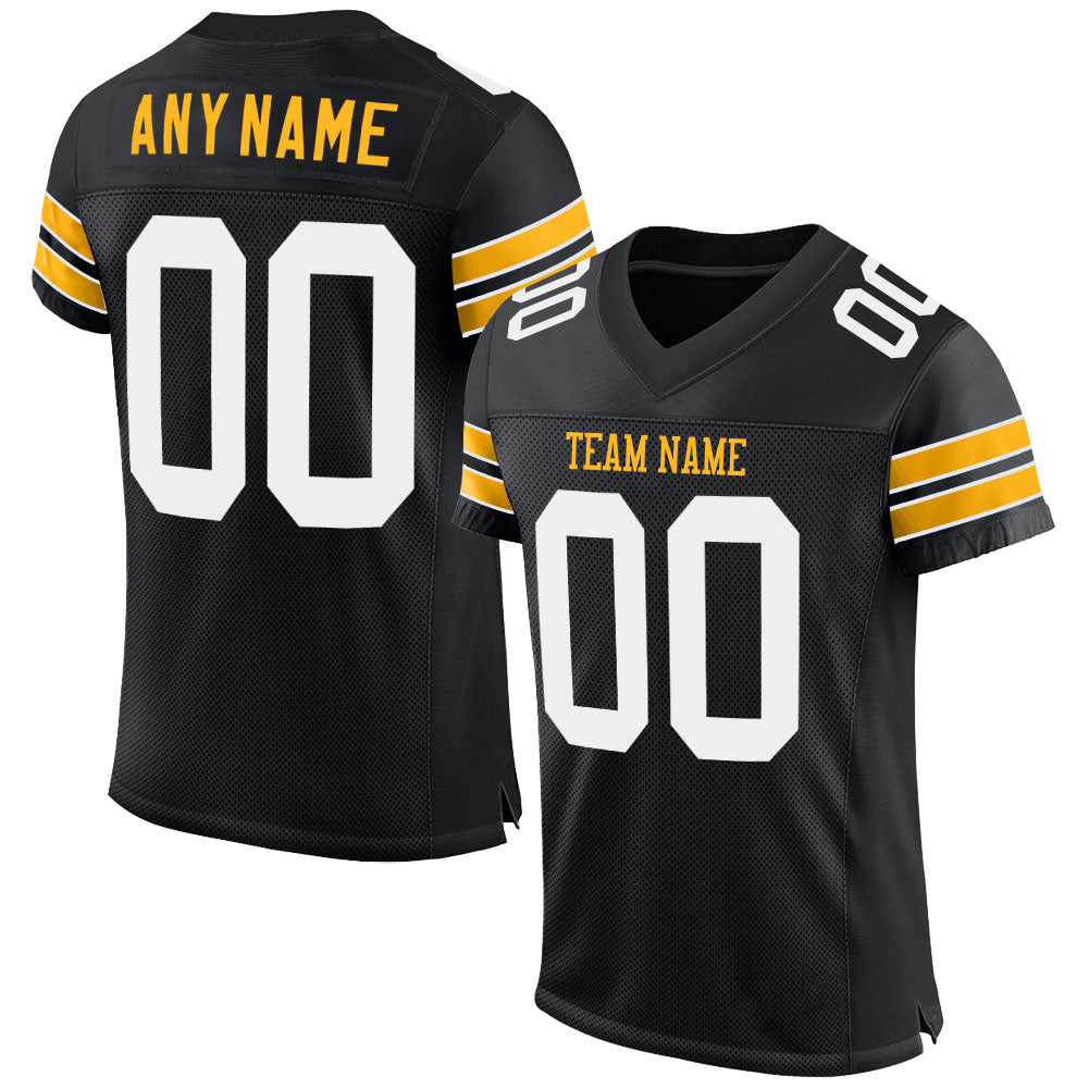 Personalized Black Gold Mesh Football Jersey for Men - Custom Team Apparel 3 Personalized Black White-Gold Mesh Football