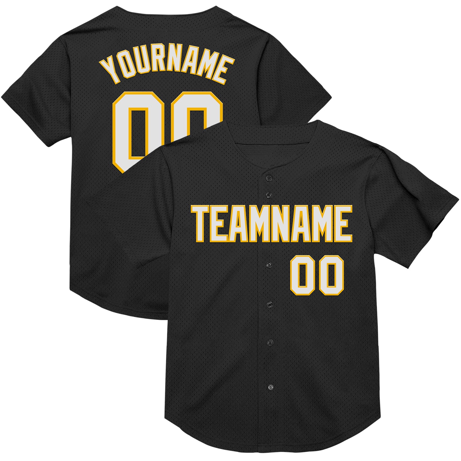 Personalized Black and Gold Mesh Baseball Jersey | Throwback Style 2 Personalized Black White-Gold Mesh Throwback Baseball