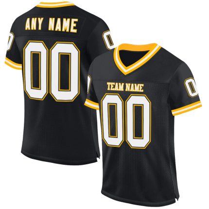 Personalized Black White Gold Throwback Football Jersey - Custom Mesh Jersey 3 Personalized Black White-Gold Mesh Throwback