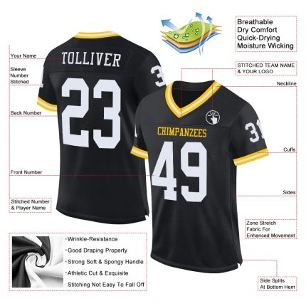 Personalized Black and Gold Mesh Throwback Football Jersey for Men Personalized Black White-Gold Mesh Throwback Football